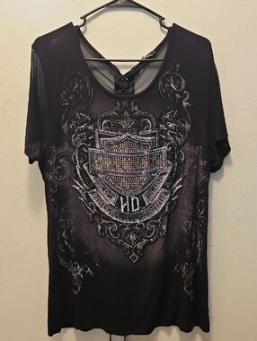 Harley Davidson Bling Tee with Mesh Sleeves and Tie Detail on Back